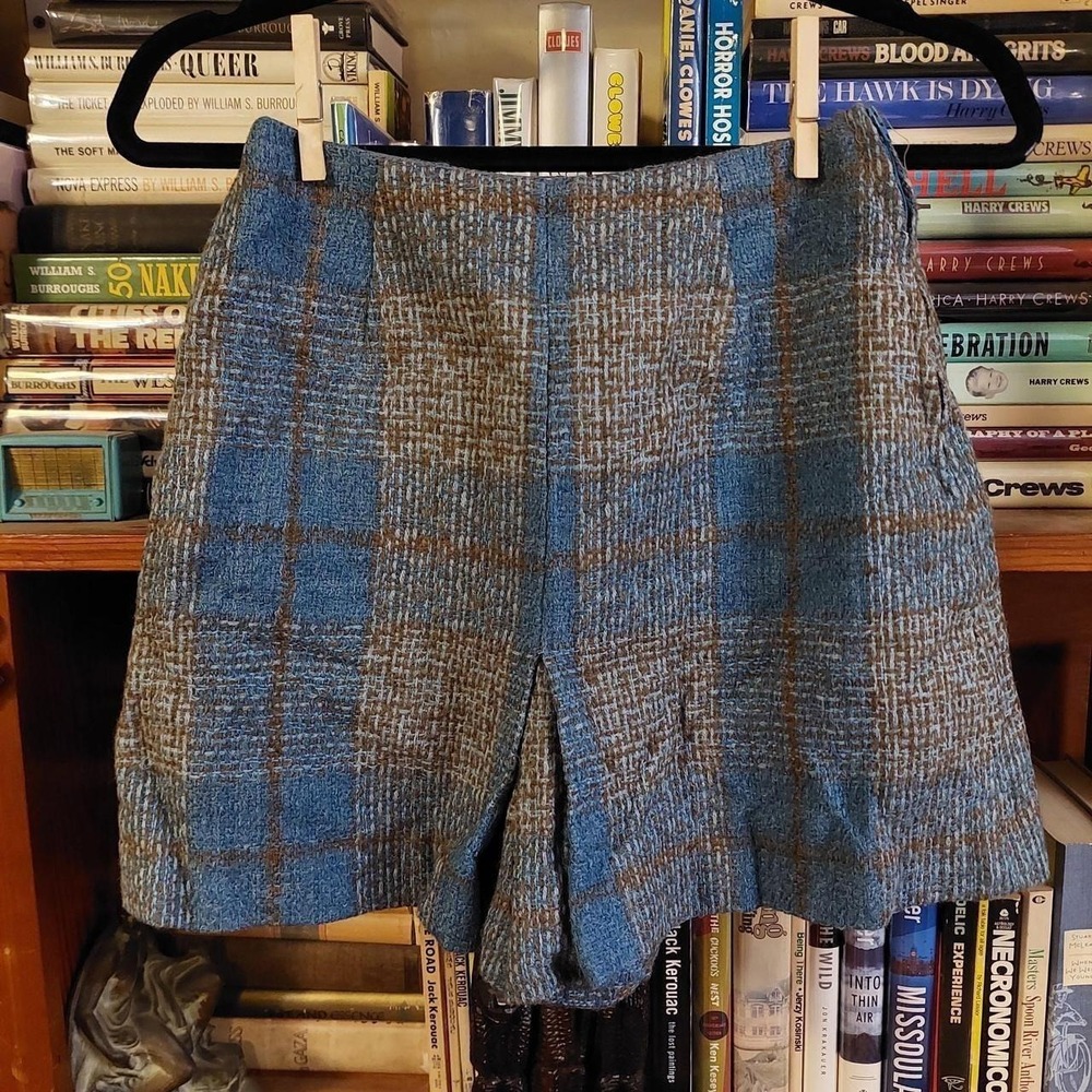 Vintage 70s Four Corners Blue Brown Plaid High Waisted Shorts XXS Petite Retro